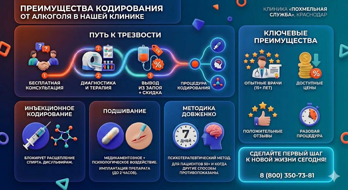 Инфографика о методах кодирования от алкоголя в Боготоле: инъекции, подшивание, метод Довженко. Преимущества клиники и этапы лечения.